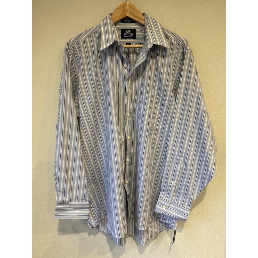 Stafford Mens Dress Shirt Size 16.5-34 Blue Striped‎ Broadcloth Wrinkle Free